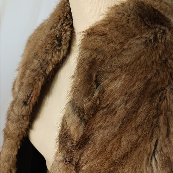Thick Mink Fur Coat Sz M Brown Chevron Jacket Boxy Formal Wedding Winter Glamor - Picture 5 of 14